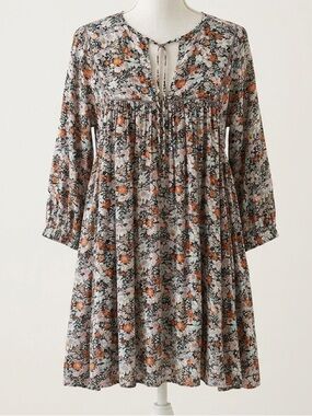 Natural Life Multicolor Floral Babydoll Mini Dress V-neck w/ Tie Detail Size XS